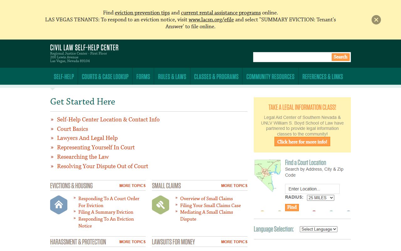 Clark County Civil Law Self-Help Center page for civil court records help