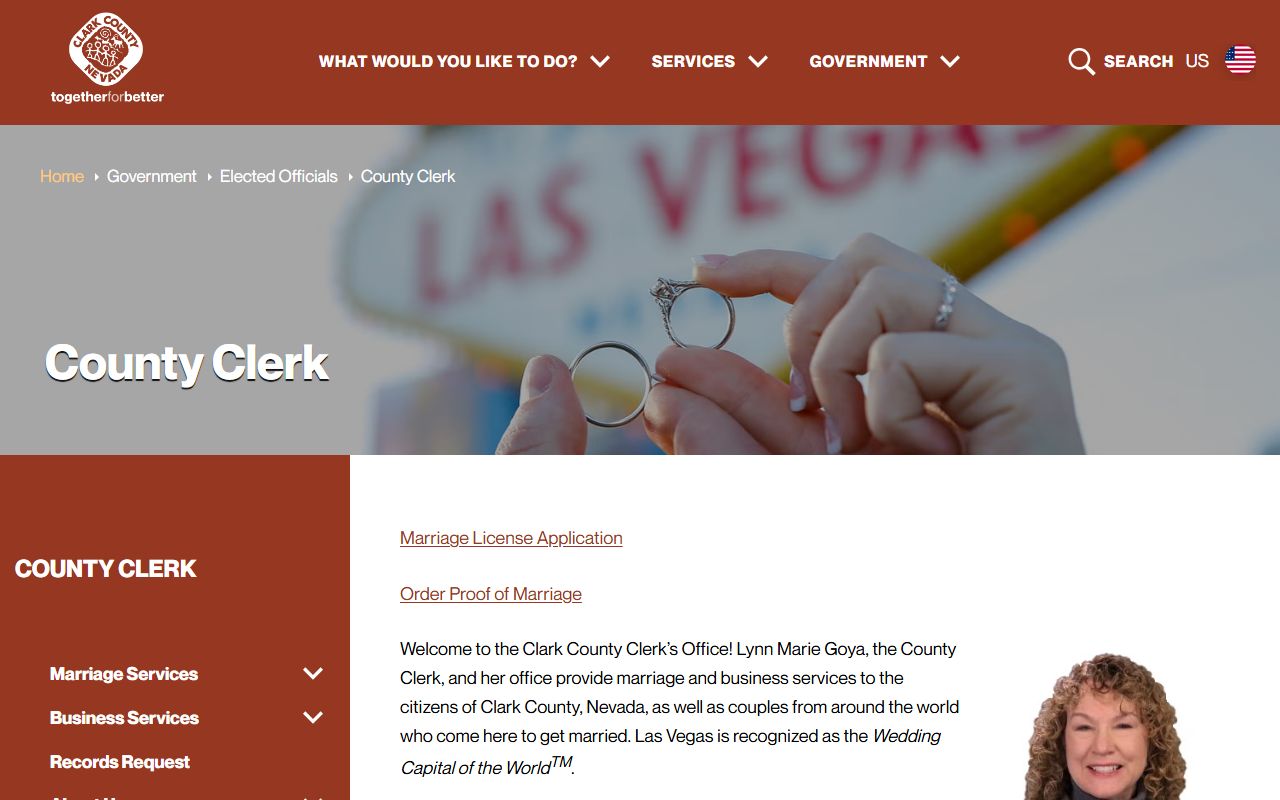 Clark County Clerk home page for marriage records and County Clerk services