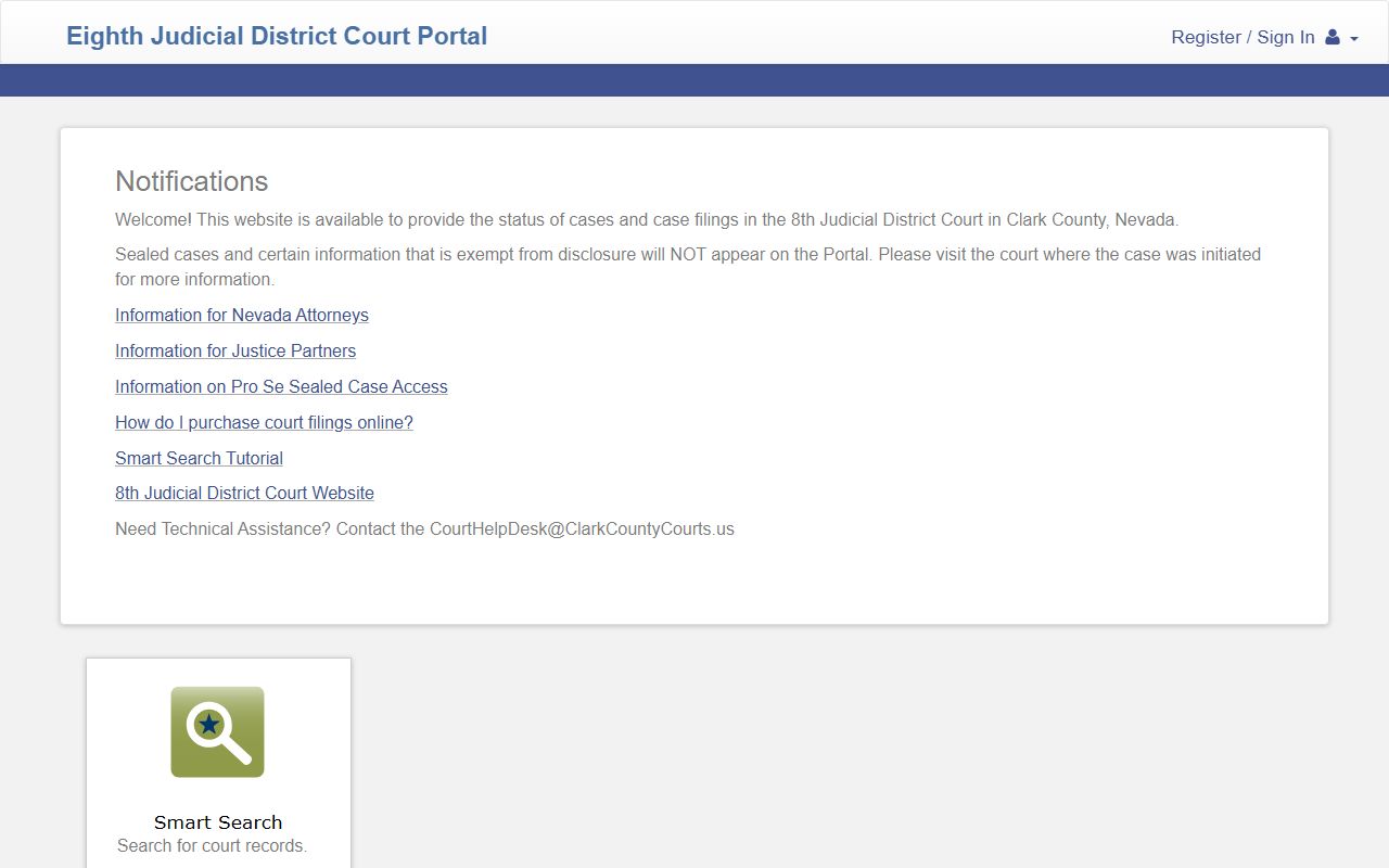 Clark County District Court Odyssey Portal home with Smart Search and notifications