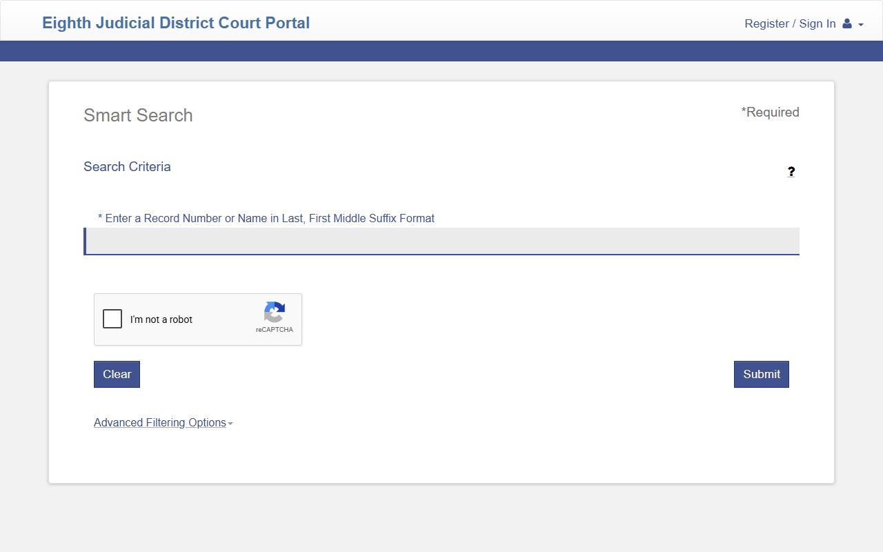 Clark County District Court Smart Search form for court records