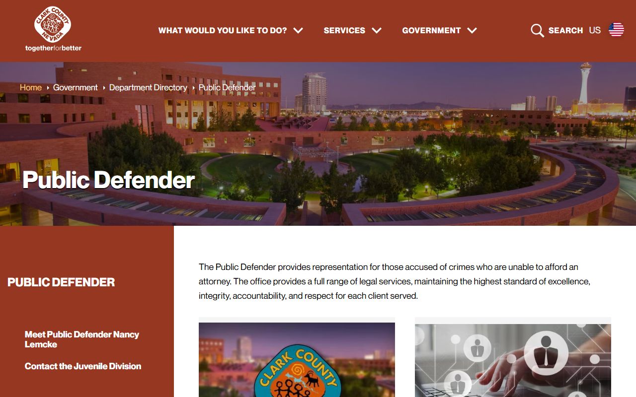 Clark County Public Defender office page for indigent criminal defense after a Clark County arrest