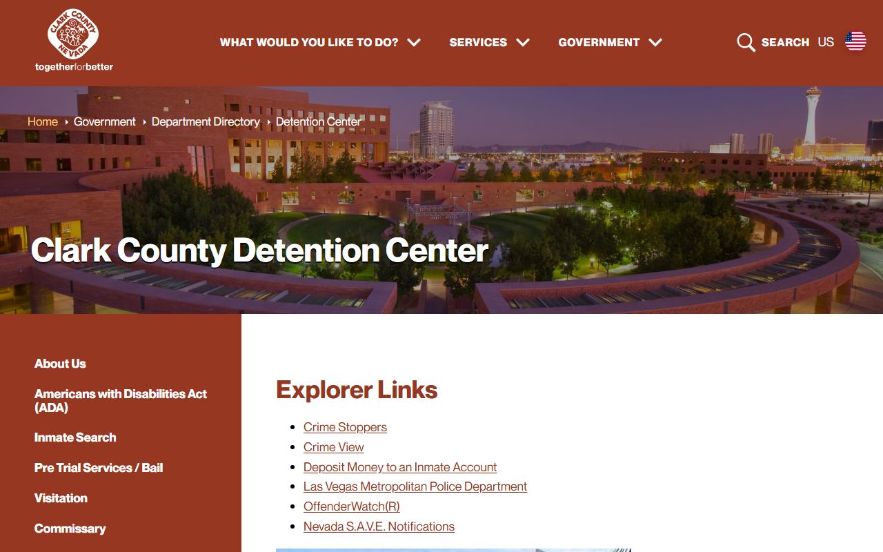 Clark County Detention Center home page used to verify warrant service in Clark County