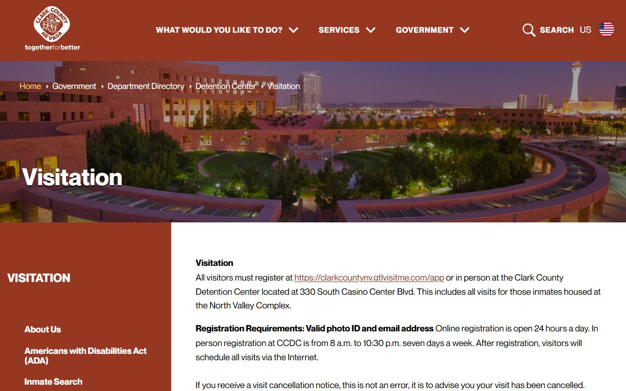 Clark County Detention Center visitation page for Clark County jail visiting rules and schedule