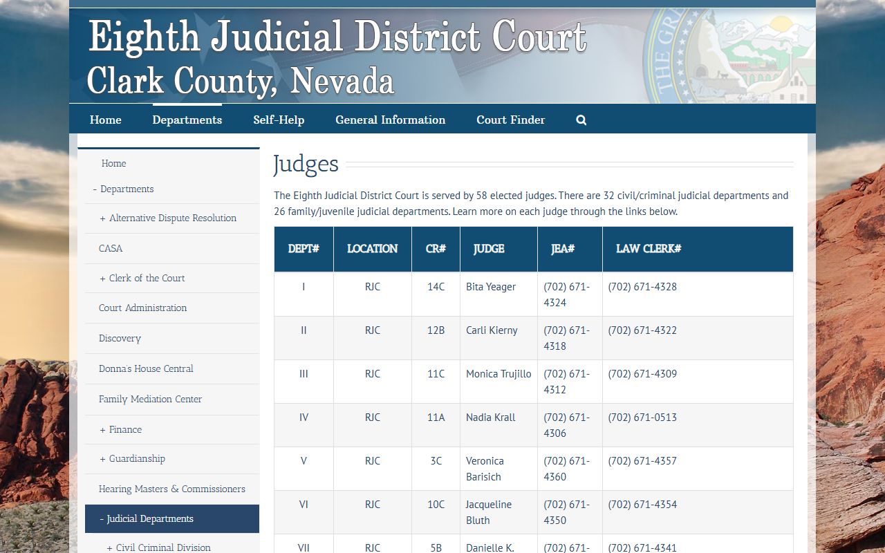 Clark County District Court judicial departments page for the Eighth Judicial District Court