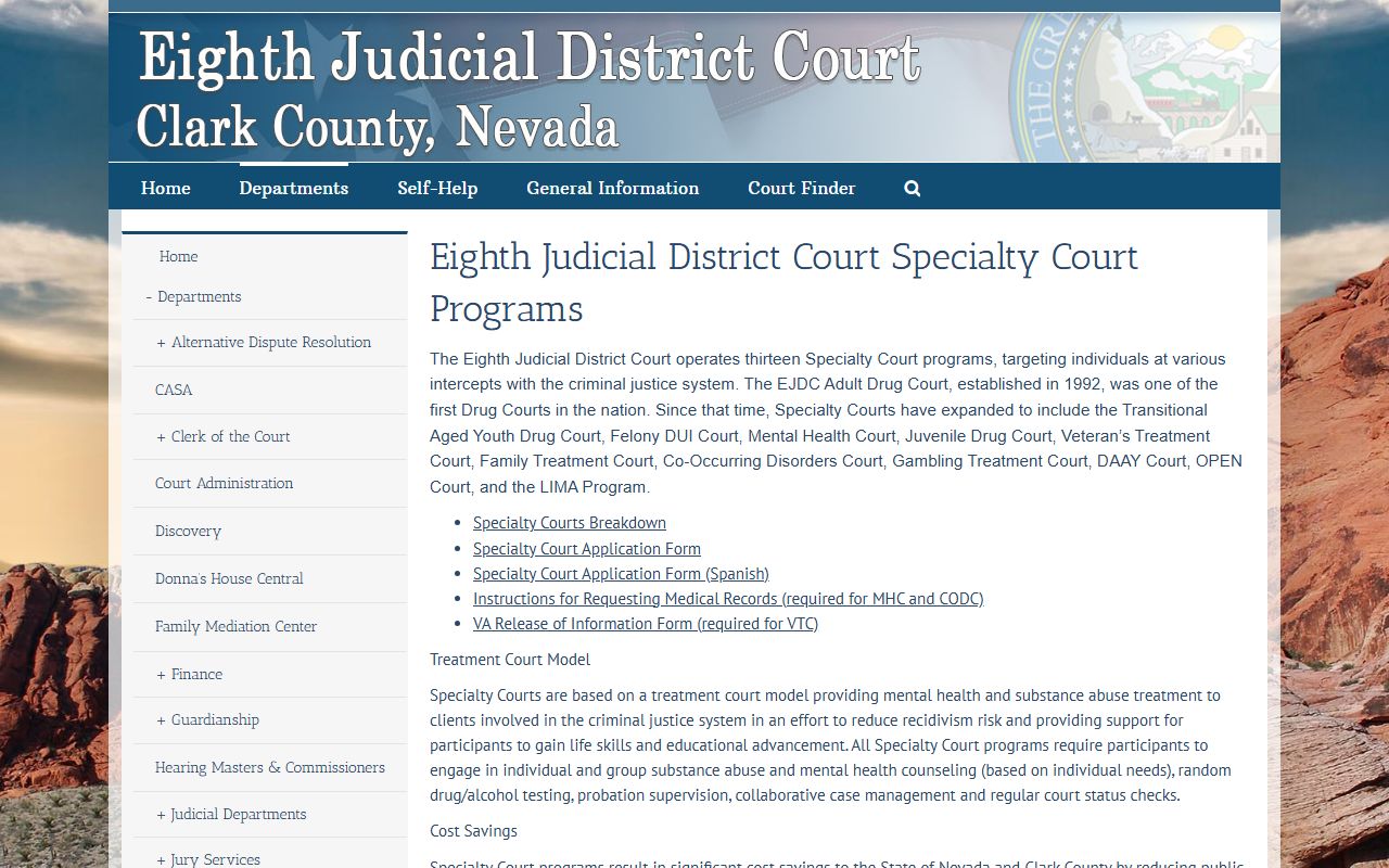 Clark County District Court specialty courts page for treatment and reentry programs