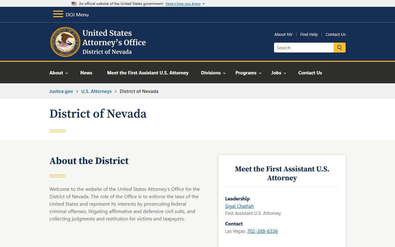 U.S. Attorney for the District of Nevada page for federal arrests in Clark County