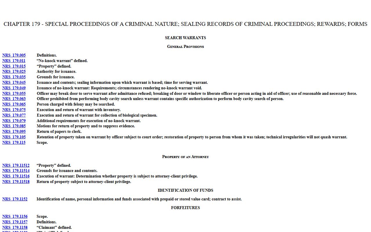 Nevada NRS Chapter 179 criminal procedure and sealing statute for Clark County arrest record sealing