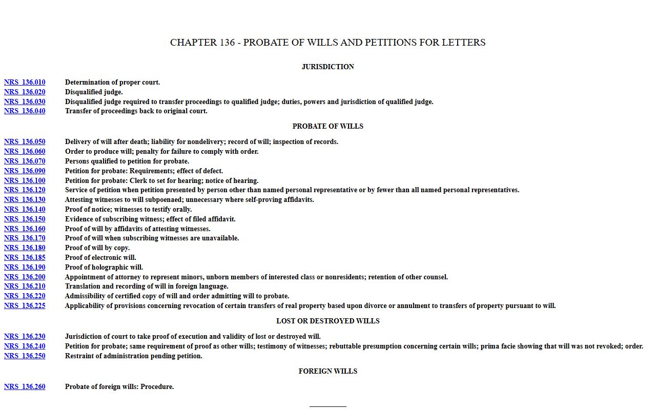 Nevada NRS Chapter 136 probate of wills statute for Clark County probate records
