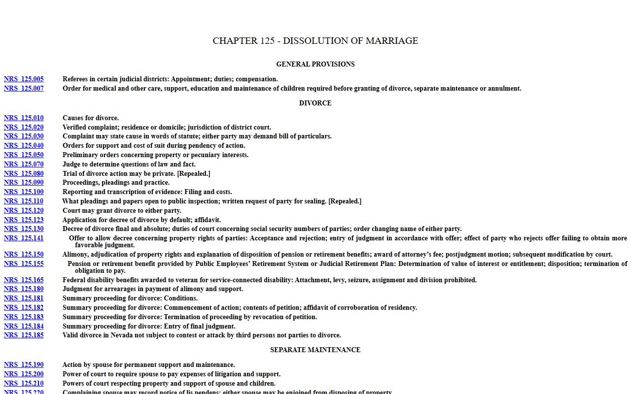 Nevada NRS Chapter 125 divorce statute governing Clark County divorce records